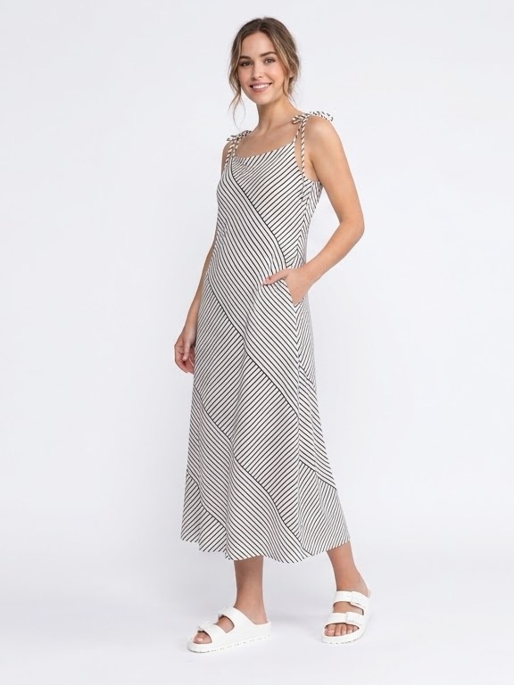 H&M Black & Cream Striped Tie-Shoulder Maxi Dress